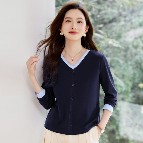 正肩v领长袖t恤女士2026新款春秋爆款高端女装洋气内搭上衣打底衫 - 图0