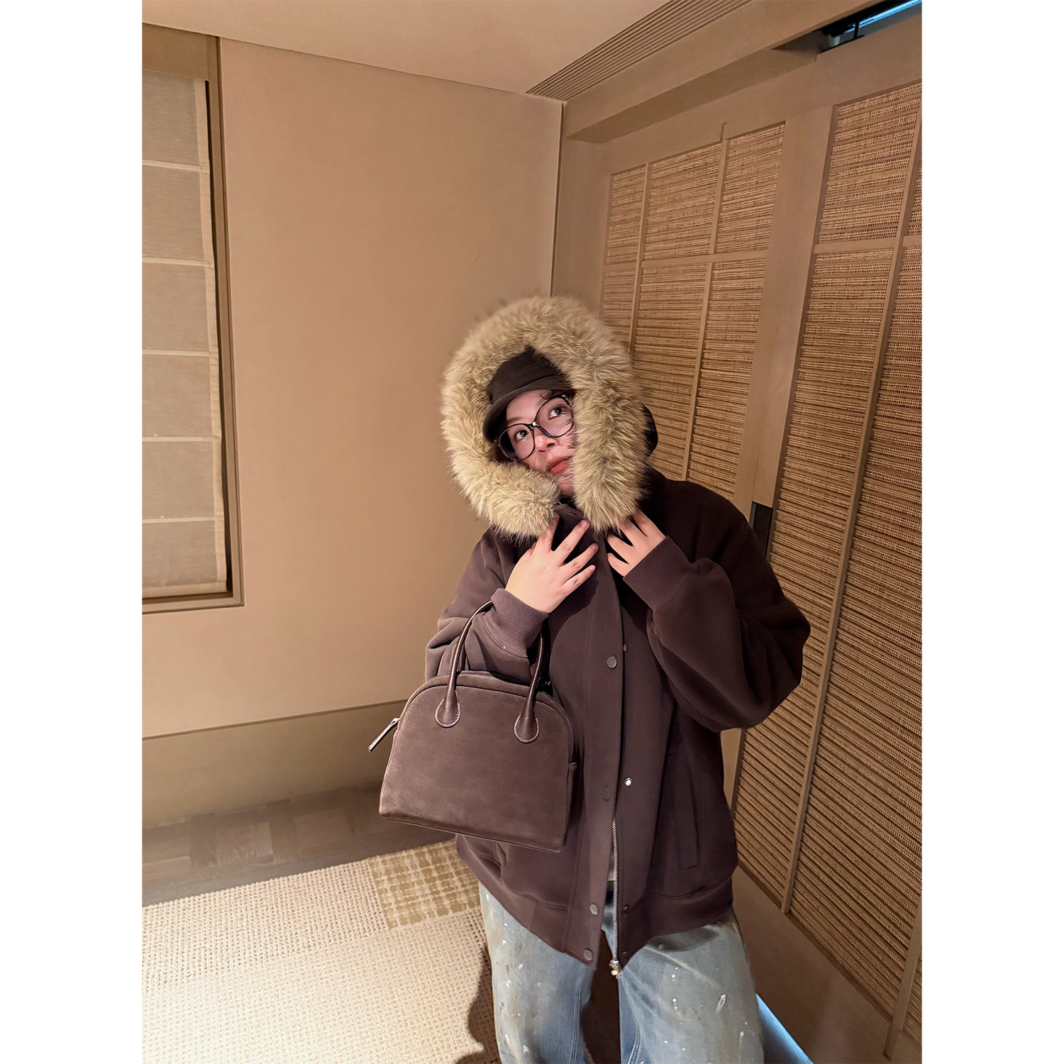 老章和小胖PONGKIKI焦糖美式咖大毛领卫衣外套女大码加绒宽松夹克,淘宝优惠券,粉丝福利购,淘宝优惠卷