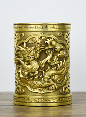 龙腾黄铜笔筒创意办公室桌面复古