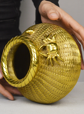 黄铜螃蟹篓摆件八方来财日进斗斤粮仓铜鱼篓聚宝盆储蓄罐招财摆件