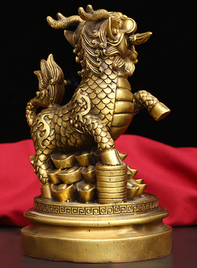 黄铜麒麟摆件一对麒麟献瑞元宝麒麟镇宅旺财麒麟家居玄关装饰摆件