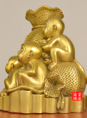纯黄铜猴子摆件生肖猴金猴献宝装饰五猴吉祥物招财聚财工艺品摆设