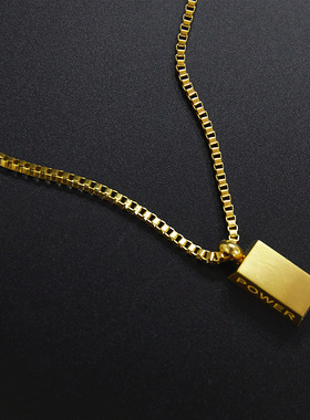 街头嘻哈power力量方块金砖项链钛钢镀18K金长方形金块潮男女吊坠
