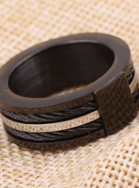 欧美时尚新款个性不锈钢黑色双排电缆绳威亚戒指 创意男士