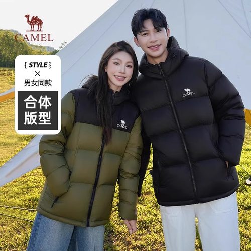 骆驼火山羽绒服男冬季2025新款外套女情侣反季短款连帽黑色面包服 - 图0