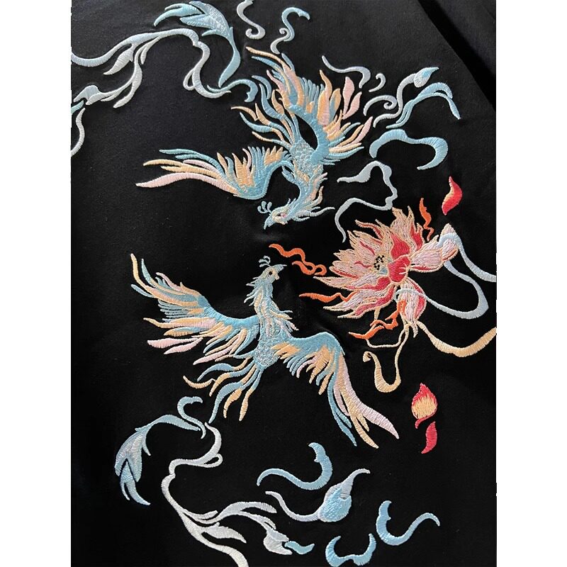 国潮中国风衣服白色刺绣短袖t恤男夏季宽松大码凤凰潮牌重磅半袖