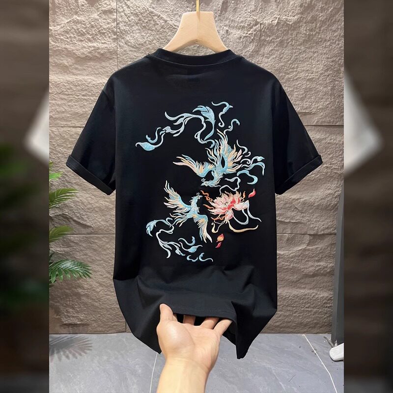 国潮中国风衣服白色刺绣短袖t恤男夏季宽松大码凤凰潮牌重磅半袖