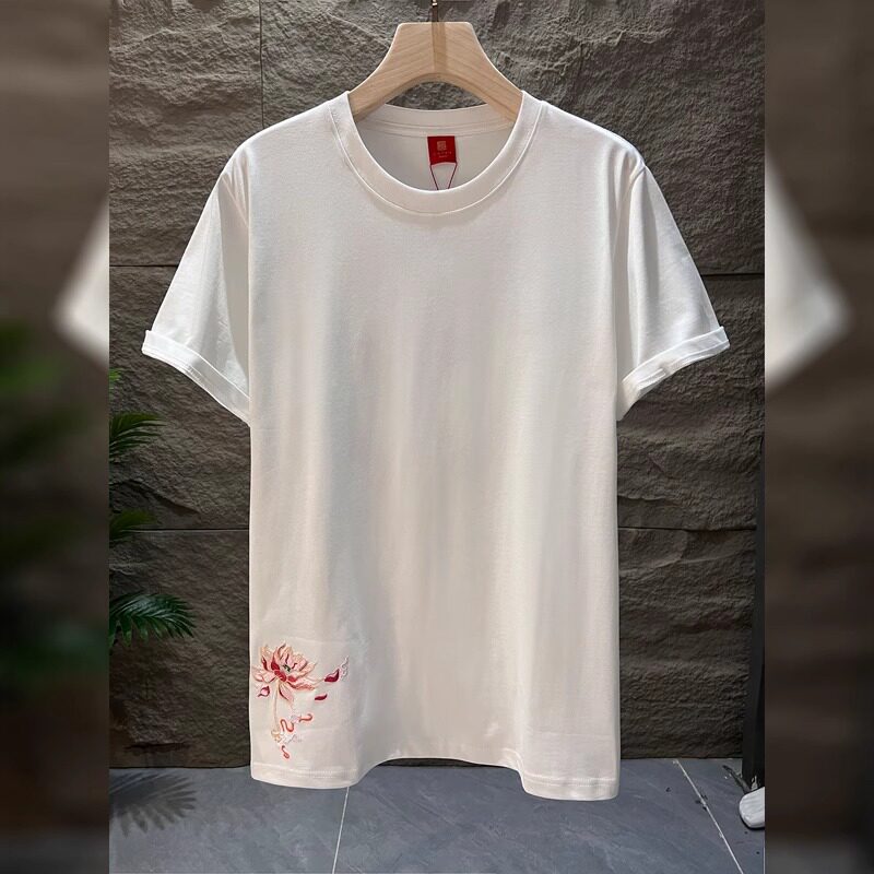 国潮中国风衣服白色刺绣短袖t恤男夏季宽松大码凤凰潮牌重磅半袖
