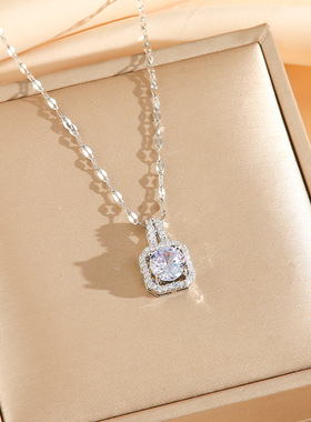 项链女网红方包锆石几何小众轻奢新款设计感吊坠气质套装钛钢项链