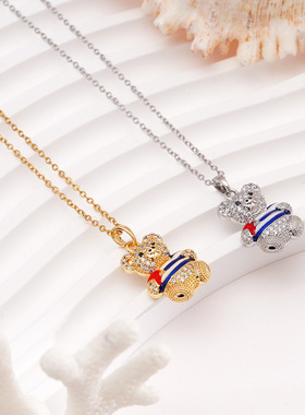 外贸跨境镀真金镶锆石嘻哈小熊吊坠满钻可爱泰迪熊钛钢项链女首饰