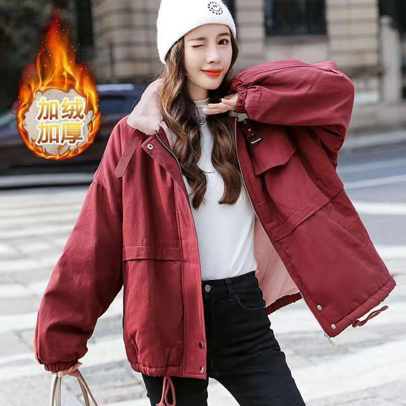 韩版洋气羊羔毛领派克服女秋冬加绒加厚工装高级感外套宽松短款潮,淘宝优惠券,粉丝福利购,淘宝优惠卷