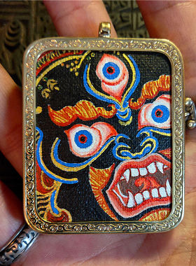 手绘大黑天佛牌随身小唐卡嘎乌盒