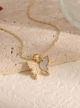 项链女跨境网红潮饰品个性设计感锆石小众欧美简约镶钻蝴蝶结项链