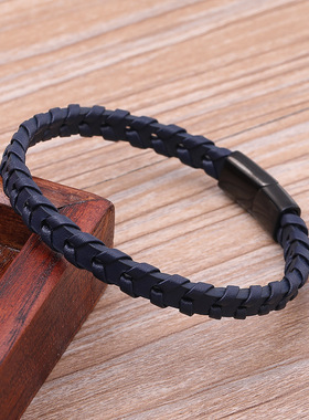 欧美外贸批发 简约创意钛钢男士不锈钢皮手链 黑色个性手环手饰