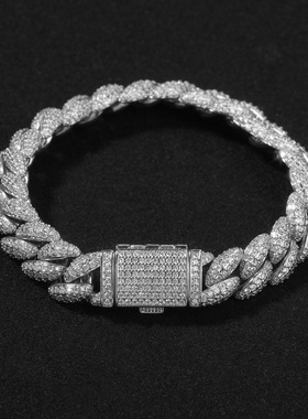 跨境欧美热销12mm满钻古巴链Hiphop嘻哈街头潮流男士手链百搭配饰