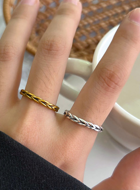 岚芷 麦穗情侣指环男女对戒古金饰品不掉色小众简约开口925银戒指