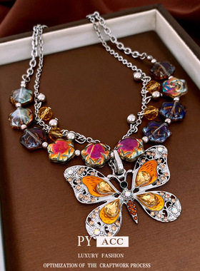 中古vintage镶钻蝴蝶花朵项链夸张复古高级感锁骨链轻奢小众饰品