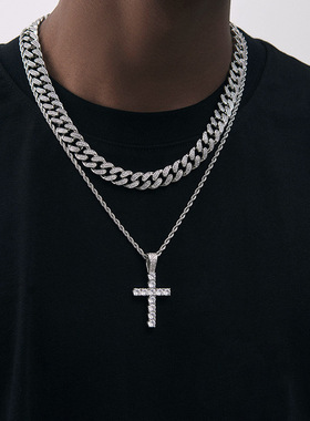满钻十字架项链男款潮流嘻哈hiphop毛衣链街头欧美说唱钛钢吊坠