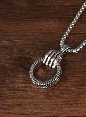 复古银长挂件潮男女个性哥特式朋克风格骷髅手抓戒指环吊坠项链