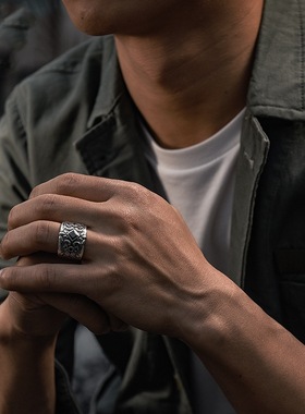 泰银黑色锆石戒指男士宽大指环潮牌百搭小众高级感大号霸气