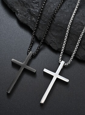 黑色钛钢不掉色十字架项链小众设计简约中性风男女百搭配饰品吊坠