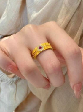 黄金色铜镀金花丝点钻祥云戒指女款复古宫廷风如意闭口指环送闺蜜