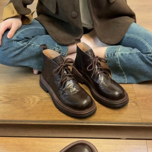 SAORSA旭旭.头层羊皮甜酷短筒马丁靴秋冬圆头厚底系带单鞋 - 图0