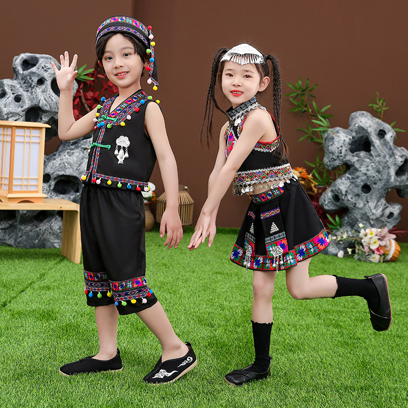 新款六一儿童苗族演出服女童彝族服装少数民族舞蹈服饰傣族表演服 - 图0