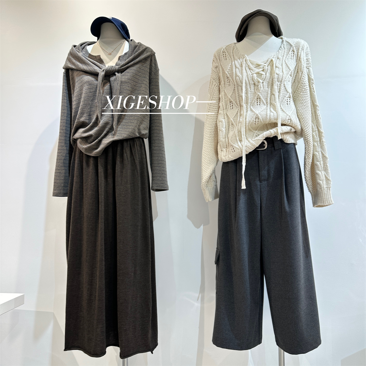 韩系软糯磨毛条纹长袖V领T恤上衣三角披肩系腰两件套秋季慵懒穿搭 - 图0