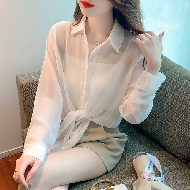 Chiffon ແຂນຍາວສັ້ນ lace-up 2025 ພາກຮຽນ spring ຮູບແບບໃຫມ່ versatile ວ່າງບາງໆສີແຂງ slimming ເສື້ອປ້ອງກັນແສງແດດສໍາລັບແມ່ຍິງນອກ