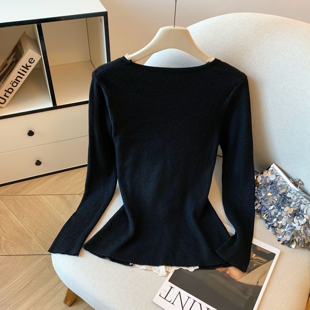 蕾丝v领假两件上衣女早秋巨好看义乌打底衫内搭广州十三行长袖T恤 - 图3