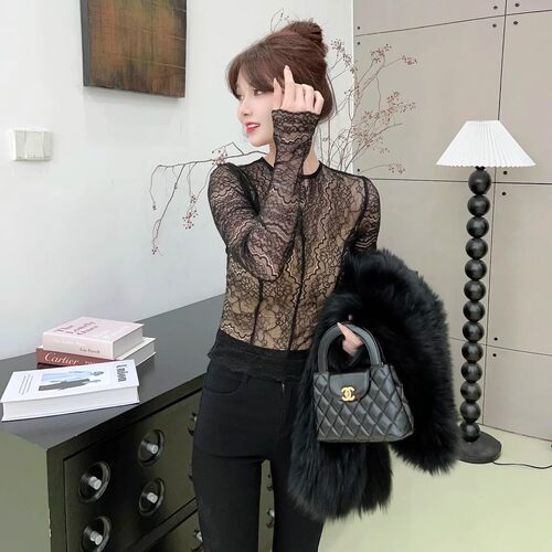 卡卡女装官方旗舰正品气质御姐高级感蕾丝打底衫透视长袖内搭上衣 - 图0