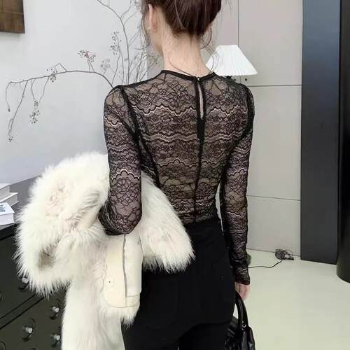 卡卡女装官方旗舰正品气质御姐高级感蕾丝打底衫透视长袖内搭上衣 - 图3