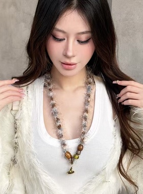 复古不对称串珠木质毛衣链百搭