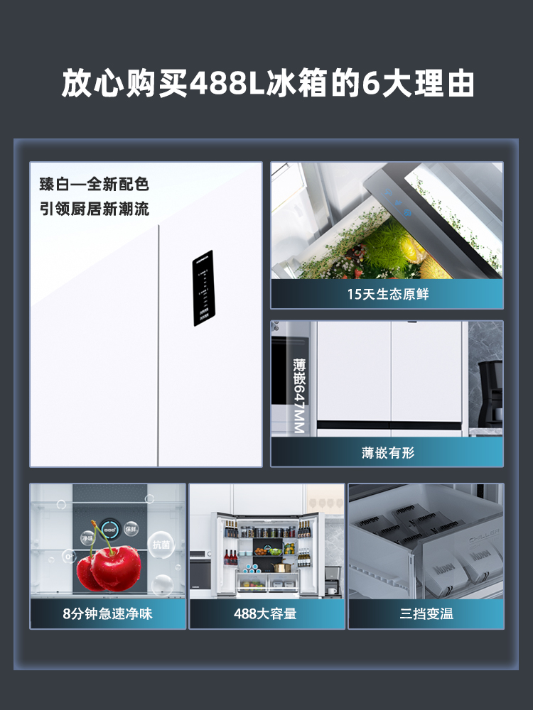 康佳488L十字冰箱对开门大容量双变频超薄嵌入式一级能效风冷保鲜 - 图2