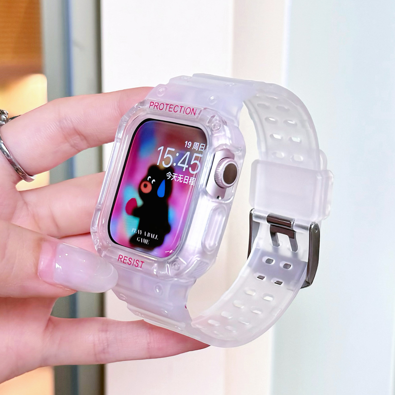 适用applewatch8表带苹果手表iwatch7硅胶运动一体壳带透明磨砂男女新款6/5/4/SE2代创意41/45mm夏季透气休闲 - 图0