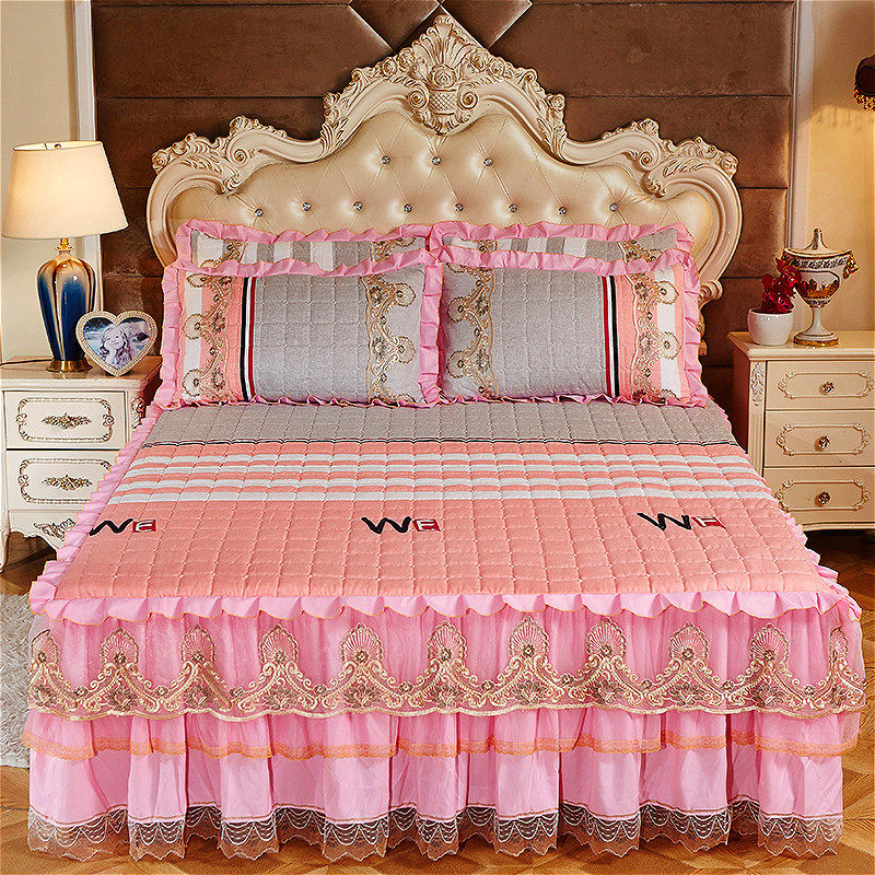 欧式磨毛纯色夹棉床裙加厚床罩单件蕾丝花边纱裙式1.8m保护套防滑,淘宝优惠券,粉丝福利购,淘宝优惠卷