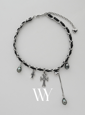 WY哥特风珍珠项链海水大溪地巴洛克皮绳choker颈链朋克时尚小众