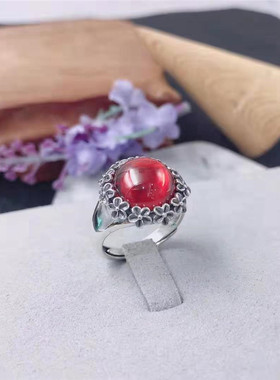 复古钱袋石榴石红玛瑙女士银戒指