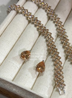 轻奢香槟色水晶锆石耳钉项链