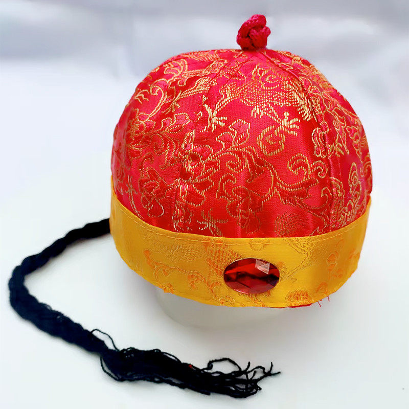 婴儿红色唐装地主帽宝宝百天周岁抓周福帽阿哥古装帽喜庆过新年帽