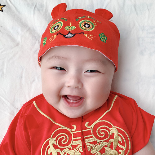 婴儿红色刺绣虎头帽满月牛角胎帽宝宝喜庆中国风唐装抓周护头帽子 - 图0