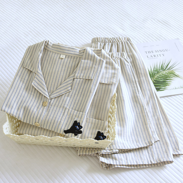 ຄູ່ຜົວເມຍ Summer gauze ຝ້າຍບໍລິສຸດຊຸດ pajamas ບາງ