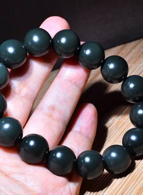 新疆的猫 66.6克，14mm肉质特别细腻的黑青玉细料圆珠手链LLK34