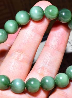 新疆的猫JJ121905  30.6克直径10mm老坑俄料碧玉猫眼圆珠手链