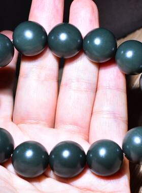 新疆的猫 91.7克，16mm高肉质特别细腻黑青玉细料圆珠手链LLK33