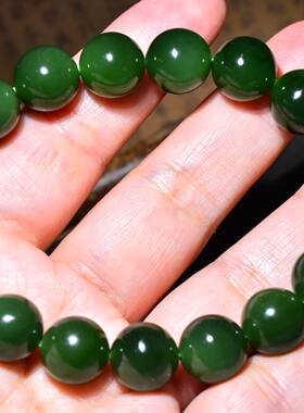 JJ031805新疆的猫46.0克12mm颜色纯正老坑菠菜绿碧玉圆珠手链
