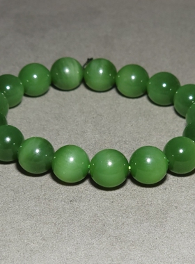 L010602 44.9克直径12mm肉质纯净的老坑俄料碧玉猫眼满绿圆珠手链