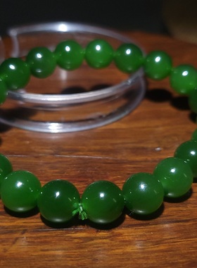 YQ010903新疆的猫27.8克直径10mm色泽鲜美均匀阳绿和田玉碧玉手链