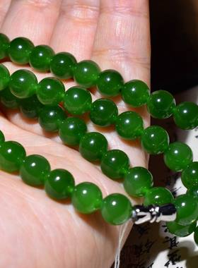 新疆的猫JJ122501  46.7克，8mm珠子圆润的菠菜绿老坑碧玉项链
